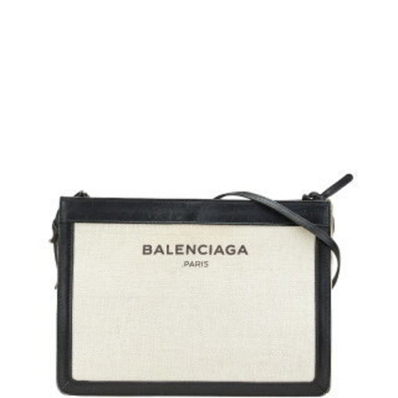 BALENCIAGA Navy Blue Pochette Crossbody Bag White Black Leather - Picture 1 of 8